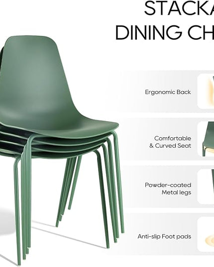 COLAMY Stackable Dining Chairs Set of 4, Indoor Outdoor Dining Room Side Chairs with Metal Legs, Modern Plastic Patio Chairs for Home/Kitchen/Office/Resturant/Bistro/Cafe, Green - LeafyLoom