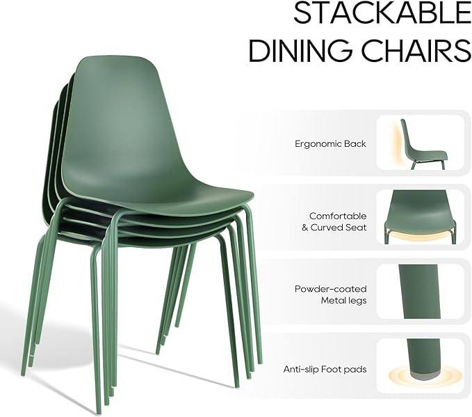 COLAMY Stackable Dining Chairs Set of 4, Indoor Outdoor Dining Room Side Chairs with Metal Legs, Modern Plastic Patio Chairs for Home/Kitchen/Office/Resturant/Bistro/Cafe, Green - LeafyLoom