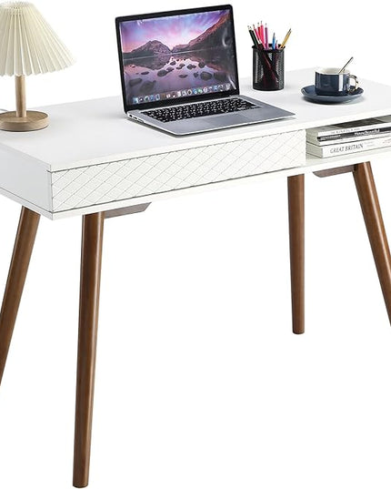 GAOMON Modern Home Office Writing Desk, 42 Inch Computer Table Desk with Drawers, Simple Mid Century Modern Desk, White - LeafyLoom