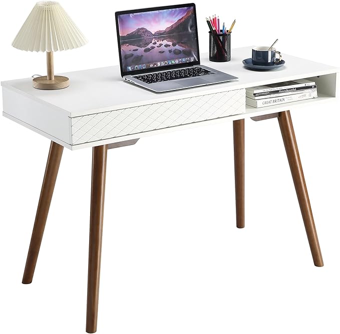 GAOMON Modern Home Office Writing Desk, 42 Inch Computer Table Desk with Drawers, Simple Mid Century Modern Desk, White - LeafyLoom