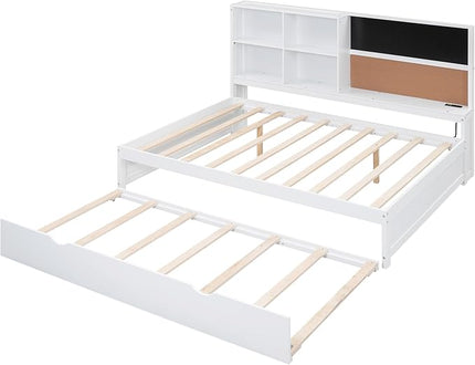 Wooden Full Size Daybed with Twin Trundle, USB Ports, Storage Shelves, Blackboard, Cork board, White - LeafyLoom