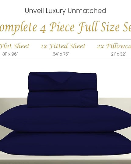 Bluemoon Homes 1000 Thread Count Egyptian Cotton Sheets Full Size 4 Piece Sheet Set - All Around Elastic 18" Deep Fitted Sheet, Extra Soft & Best Bed Sheets - Navy Blue Full Oeko-Tex Bedding Set - LeafyLoom