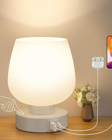 Kakanuo Bedside Table Lamp with Glass Shade, Touch Control, Dual USB A+C Charging Ports, Nightstand Lamp, 3-Way Dimmable, Bulb Included - LeafyLoom