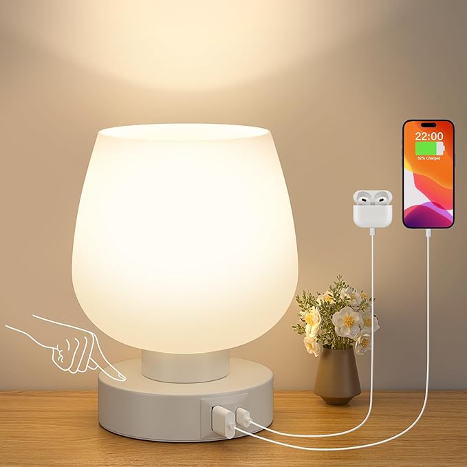 Kakanuo Bedside Table Lamp with Glass Shade, Touch Control, Dual USB A+C Charging Ports, Nightstand Lamp, 3-Way Dimmable, Bulb Included - LeafyLoom