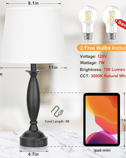 White Lamps for Bedrooms Set of 2 - Touch Control Bedside Lamp with USB C+A, 3 Way Dimmable Nightstand Lamps with USB Port, Table Lamp for Living Room(White Shade and Black Base) - LeafyLoom