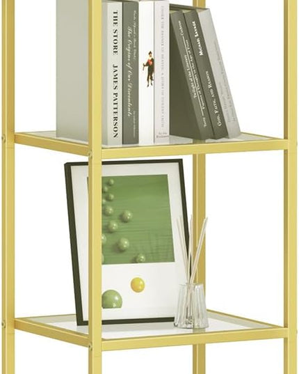 Bookcase Bookshelf, Tempered Glass Arched Bookshelf for More Storage, Slim Shelving Unit for Bedroom, Bathroom, Home Office, Steel Frame, 6 Tier Gold BC20699G - LeafyLoom