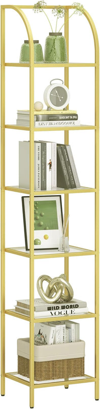 Bookcase Bookshelf, Tempered Glass Arched Bookshelf for More Storage, Slim Shelving Unit for Bedroom, Bathroom, Home Office, Steel Frame, 6 Tier Gold BC20699G - LeafyLoom