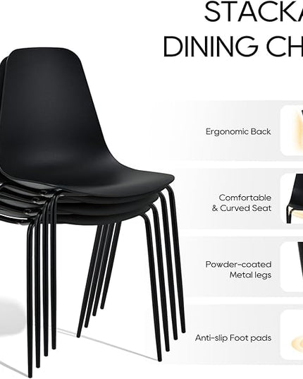 COLAMY Stackable Dining Chairs Set of 4, Indoor Outdoor Dining Room Side Chairs with Metal Legs, Modern Plastic Patio Chairs for Home/Kitchen/Office/Resturant/Bistro/Cafe, Black - LeafyLoom
