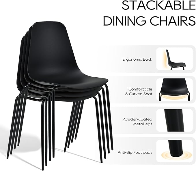 COLAMY Stackable Dining Chairs Set of 4, Indoor Outdoor Dining Room Side Chairs with Metal Legs, Modern Plastic Patio Chairs for Home/Kitchen/Office/Resturant/Bistro/Cafe, Black - LeafyLoom