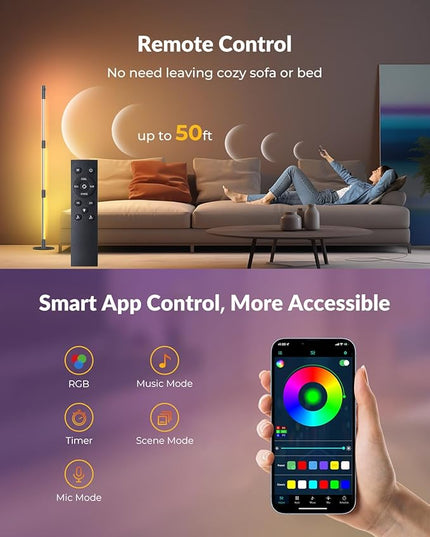 Corner Floor Lamp with Spotlight on Top, Smart RGB Color Changing Led Lights for Mood, 360° Rotating, 16 Million DIY, Remote & App, Music Sync Standing Ambient Lighting for Bedrooms Teen Kid - LeafyLoom