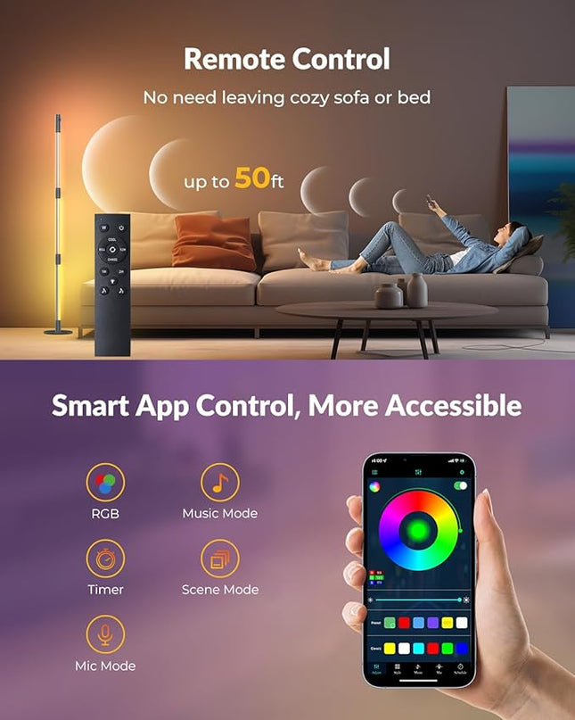 Corner Floor Lamp with Spotlight on Top, Smart RGB Color Changing Led Lights for Mood, 360° Rotating, 16 Million DIY, Remote & App, Music Sync Standing Ambient Lighting for Bedrooms Teen Kid - LeafyLoom