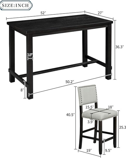 RITSU Elegant 5 Piece Counter Height Dining Table Set with 4 Upholstered Chairs w/Rivet Trim, Solid Wood Construction, Suitable for Living Room, Kitchen, Espresso and Beige, 52inch - LeafyLoom