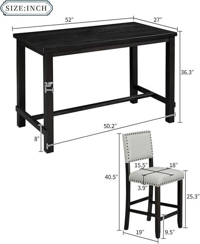 Kitchen 5-Piece Counter Height Dining Set, Classic Elegant Table and 4 Chairs in Espresso and Beige - LeafyLoom
