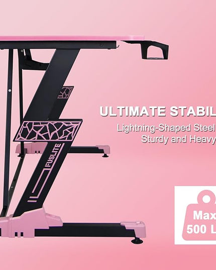 63 Inch Gaming Desk, with Carbon Fiber Surface, Lightning-Shaped PC Computer Table, with Headphone Holder, Cup Holder, Cable Management Box, Gaming Table for Gamer, Black&Pink - LeafyLoom
