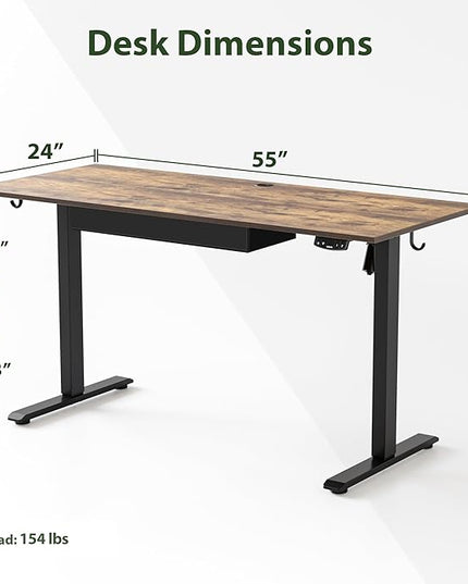 Adjustable Height Electric Standing Desk with Storage Wooden Drawer, 55 x 24 Inches Stand Up Home Office Computer Gaming Table with Splice Board for Work Office Home, Rustic Brown - LeafyLoom