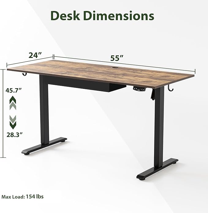 Adjustable Height Electric Standing Desk with Storage Wooden Drawer, 55 x 24 Inches Stand Up Home Office Computer Gaming Table for Work Office Home, Rustic Brown - LeafyLoom