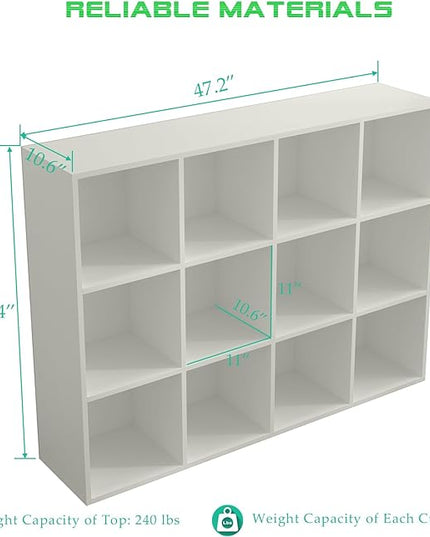 12-Cube Storage Shelf Bookcase - Wooden 3-Tier Floor Standing Open Bookshelf for Home and Office, Display Cabinet, Warm White - LeafyLoom
