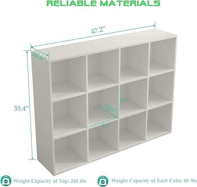 12-Cube Storage Shelf Bookcase - Wooden 3-Tier Floor Standing Open Bookshelf for Home and Office, Display Cabinet, Warm White - LeafyLoom
