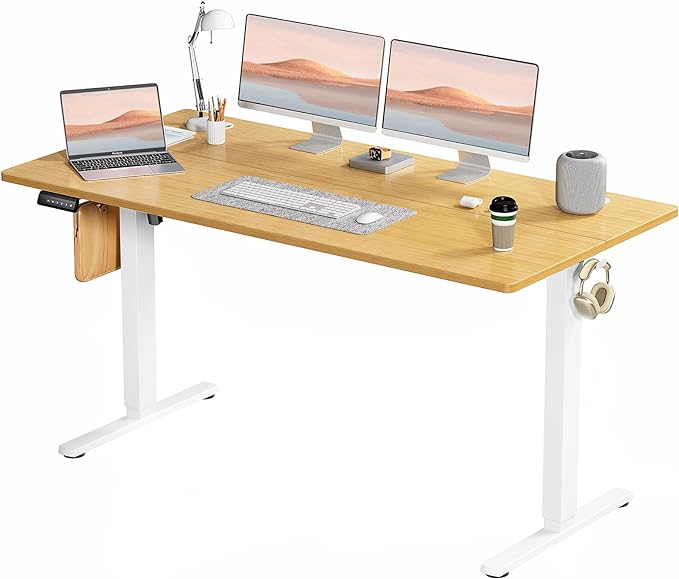 SMUG Standing Desk, Adjustable Height Electric Sit Stand Up Down Computer Table, 63x24 Inch Ergonomic Rising Desks for Work Office Home, Modern Lift Motorized Gaming Desktop Workstation, Natural - LeafyLoom