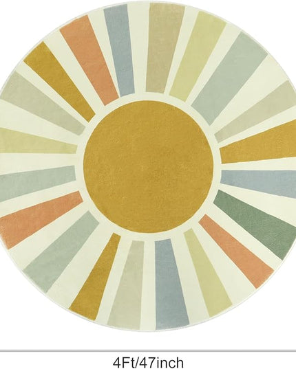 Boho Round Rug 4 Ft Washable Area Rug for Kids Room, Colorful Sun Circle Rug for Playroom, Non-Slip Circular Office Carpet Soft Rainbow Rug for Bedroom Reading Corner Dorm - LeafyLoom