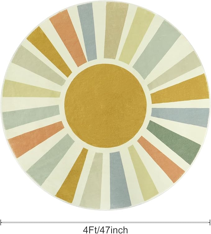 Boho Round Rug 4 Ft Washable Area Rug for Kids Room, Colorful Sun Circle Rug for Playroom, Non-Slip Circular Office Carpet Soft Rainbow Rug for Bedroom Reading Corner Dorm - LeafyLoom