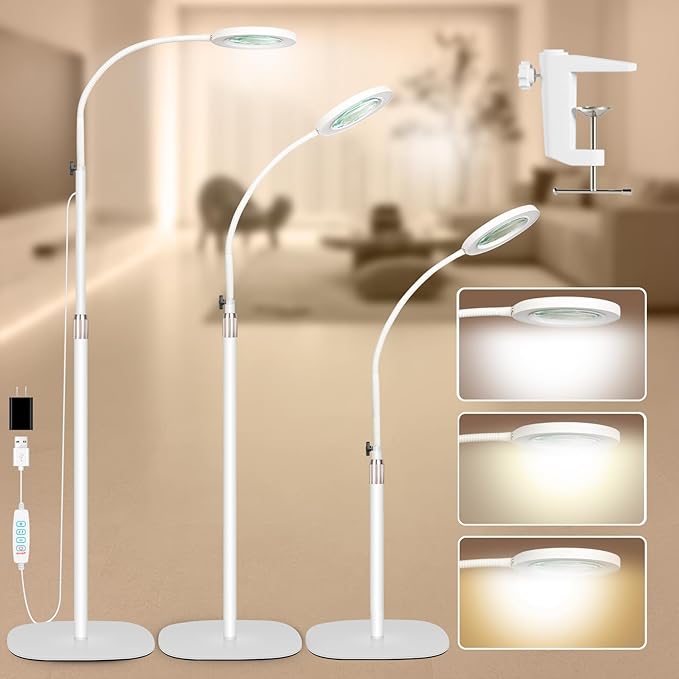 HITTI 10X Magnifying Glass with Light and Clamp, Hands Free Magnifying Floor Lamp with Flexible Gooseneck, 3 Color Stepless Dimmable LED Lighted Magnifier Light Stand for Esthetician Craft Close Works - LeafyLoom
