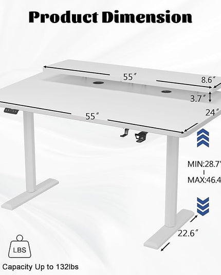 Electric Standing Desk with Monitor Shelf, 55 x 24 Inches Height Adjustable Corner Table, Computer Workstation with Cup Holder and Hook for Home Office, White, 55x24 Inch - LeafyLoom