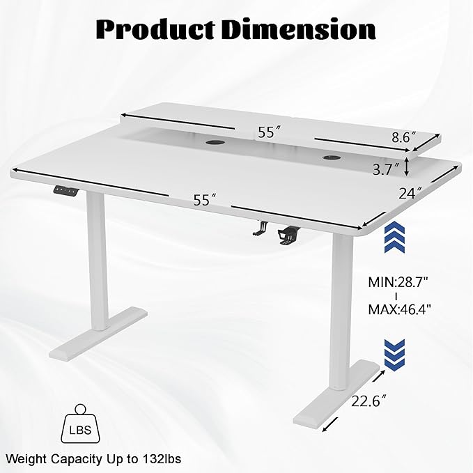 Electric Standing Desk with Monitor Shelf, 55 x 24 Inches Height Adjustable Corner Table, Computer Workstation with Cup Holder and Hook for Home Office, White, 55x24 Inch - LeafyLoom