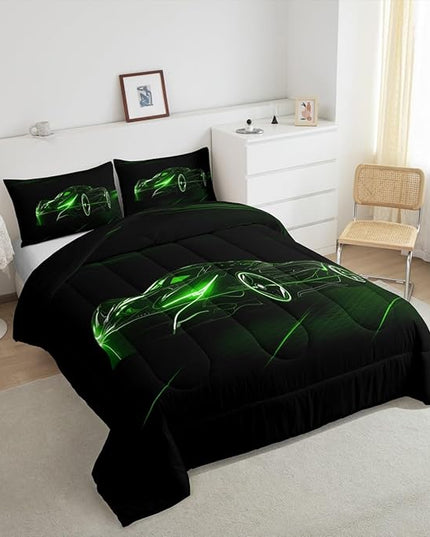 Feelyou Green Race Car Bedding Set King Size for Kids Boys Extreme Sport Games Comforter Set Teens Toddler Fast and Furious Duvet Set Cool Modern Quilt Set 3Pcs - LeafyLoom