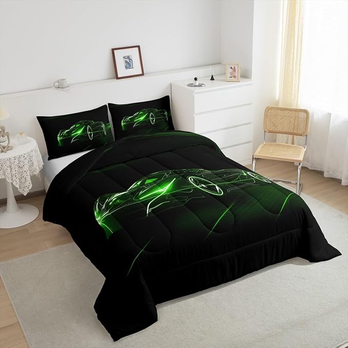 Feelyou Green Race Car Bedding Set King Size for Kids Boys Extreme Sport Games Comforter Set Teens Toddler Fast and Furious Duvet Set Cool Modern Quilt Set 3Pcs - LeafyLoom