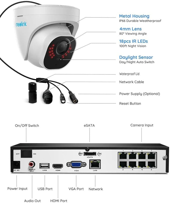 REOLINK Smart 5MP 8CH Home Security Camera System, 4pcs Wired PoE IP Cameras Outdoor with Person/Pet/Vehicle Detection, 4K 8CH NVR with 2TB HDD for 24-7 Recording, RLK8-520D4-5MP REOLINK