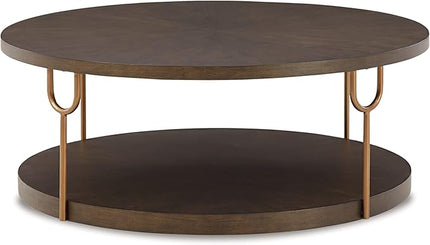 Signature Design by Ashley Brazburn Contemporary Round 42" Coffee Table, Metallic & Brown Finish - LeafyLoom