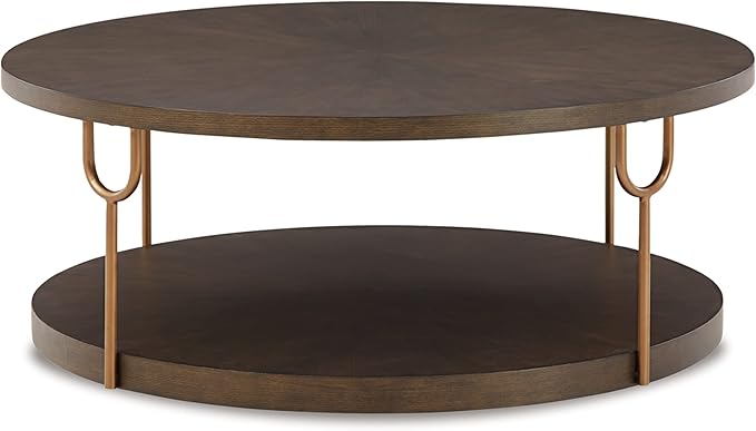 Signature Design by Ashley Brazburn Contemporary Round 42" Coffee Table, Metallic & Brown Finish - LeafyLoom