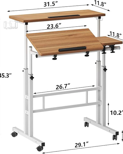 soges Rolling Standing Desk, Height Adjustable Home Office Desk, Mobile Sit-Stand Laptop Desk with Cup Holder and Hook, Portable Desk with Wheels, Oak - LeafyLoom
