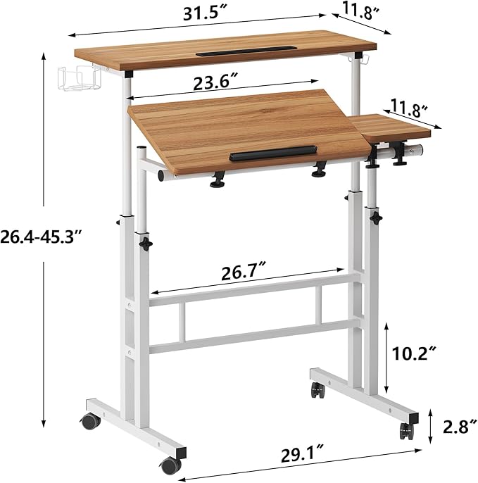 soges Rolling Standing Desk, Height Adjustable Home Office Desk, Mobile Sit-Stand Laptop Desk with Cup Holder and Hook, Portable Desk with Wheels, Oak - LeafyLoom