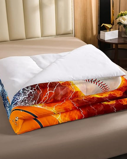 Erosebridal Sports Bedding Set for Boys Twin,Baseball Basketball Comforter Set Soccer Football Bedding Comforter Sets for Kids Teens Men,Red Blue Ice Fire Lightning Decor Quilt Duvet Set 2 Pcs - LeafyLoom