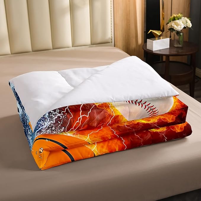 Erosebridal Sports Bedding Set for Boys Twin,Baseball Basketball Comforter Set Soccer Football Bedding Comforter Sets for Kids Teens Men,Red Blue Ice Fire Lightning Decor Quilt Duvet Set 2 Pcs - LeafyLoom
