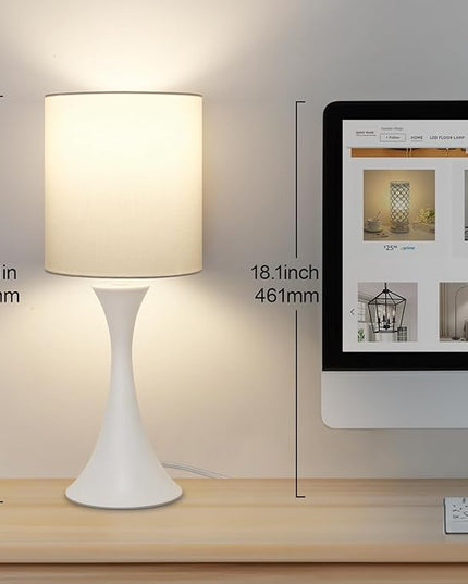 Modern Table Lamps, 3 Way Touch Control Table Lamp, Dimmable Desk Lamp, White Nightstand Lamp with Fabric Shade, Small Bedside Lamp for Living Room, Dorm,Home Office, LED Bulb Included - LeafyLoom