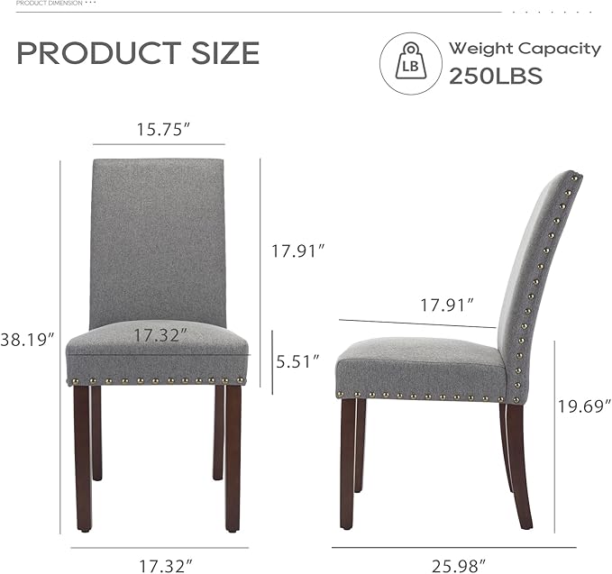 COLAMY Modern Wood Dining Chairs Set of 2, Parsons Dining Chairs, 19 Inch Padded Dining Chairs with Nailed Trim for Kitchen Dining Living Room, Grey - LeafyLoom