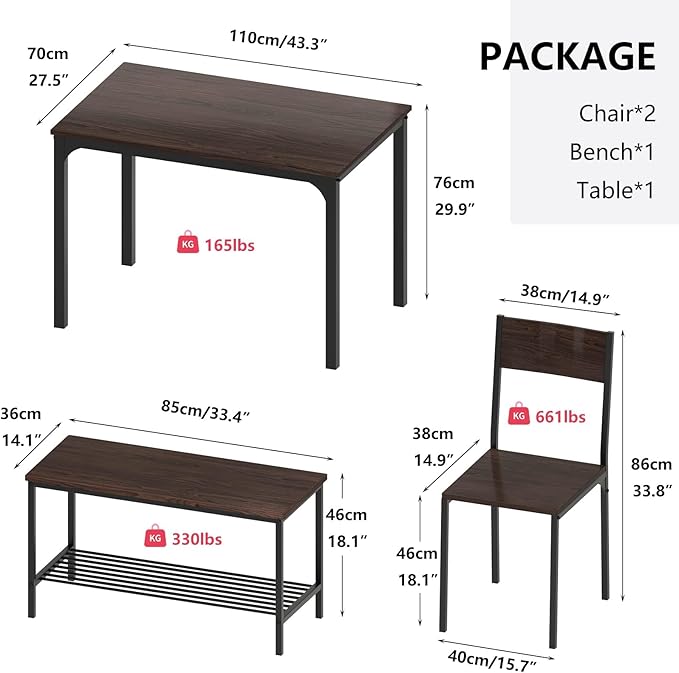 SDHYL Dining Table Set for 4, 43" Dining Room Table with Two Chairs and One Bench, 4 Pieces Set Table Top with Metal Legs in Living Room, Dining Room, Space Saving Kitchen Table Set, Walnut - LeafyLoom