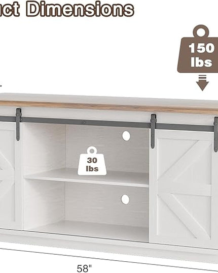YESHOMY Farmhouse TV Stand and Entertainment Center for Televisions up to 65 Inchs, with Sliding Barn Doors and Storage Cabinets, Console Table and Media Furniture for Living Room, 58 Inch, White - LeafyLoom