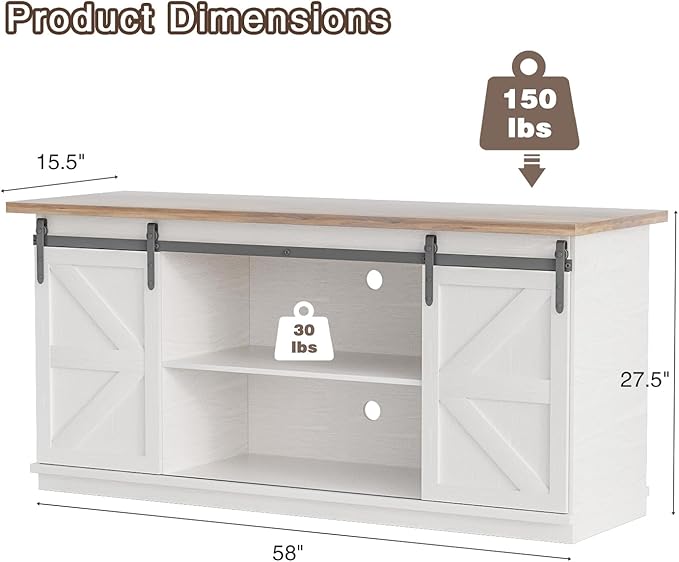 YESHOMY Farmhouse TV Stand and Entertainment Center for Televisions up to 65 Inchs, with Sliding Barn Doors and Storage Cabinets, Console Table and Media Furniture for Living Room, 58 Inch, White - LeafyLoom