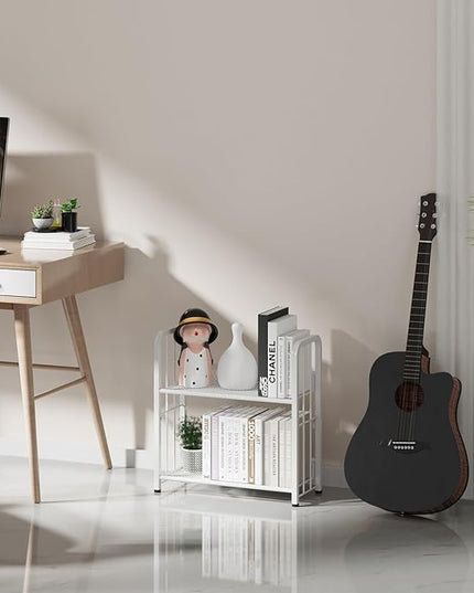 Bookshelf Storage Shelf Bookcase Freestanding Storage Stand Book Organizer for Living Room, Bedroom, Kitchen, Rust Resistance,Easy Assembly Multi-Functional Organizer (2 Tiers White) - LeafyLoom