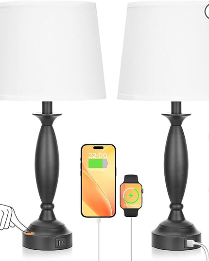 White Lamps for Bedrooms Set of 2 - Touch Control Bedside Lamp with USB C+A, 3 Way Dimmable Nightstand Lamps with USB Port, Table Lamp for Living Room(White Shade and Black Base) - LeafyLoom