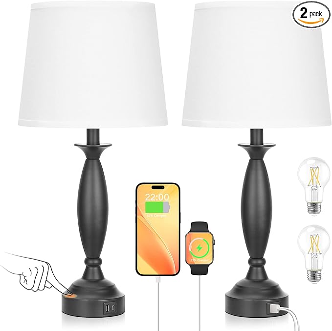 White Lamps for Bedrooms Set of 2 - Touch Control Bedside Lamp with USB C+A, 3 Way Dimmable Nightstand Lamps with USB Port, Table Lamp for Living Room(White Shade and Black Base) - LeafyLoom