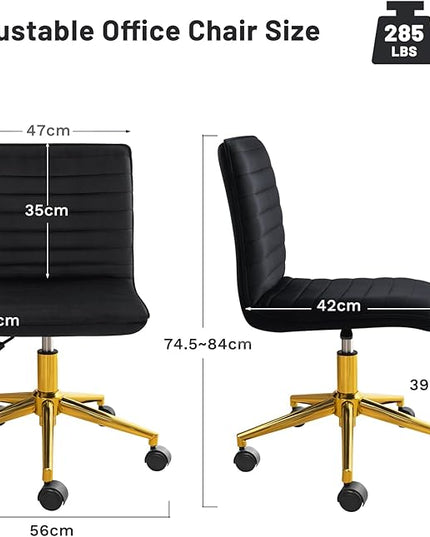 Furniliving Home Office Chair, Armless Vanity Chair with Wheels Swivel Velvet Computer Rolling Desk Chair with Back, Adjustable Accent Chair with Gold Metal Base Stool Chair,Black - LeafyLoom