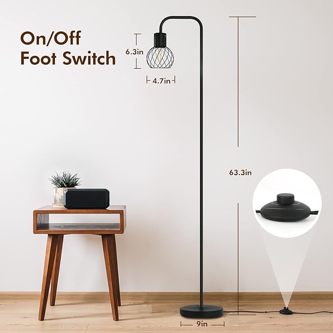 Floor Lamp, Industrial Floor Lamp for Living Room, Modern Standing Lamp with 6W LED Bulb, Foot Switch, Minimalist Pole Lamp Vintage Farmhouse Stand Up Lamps for Bedroom, Office, Book Nook,Black - LeafyLoom