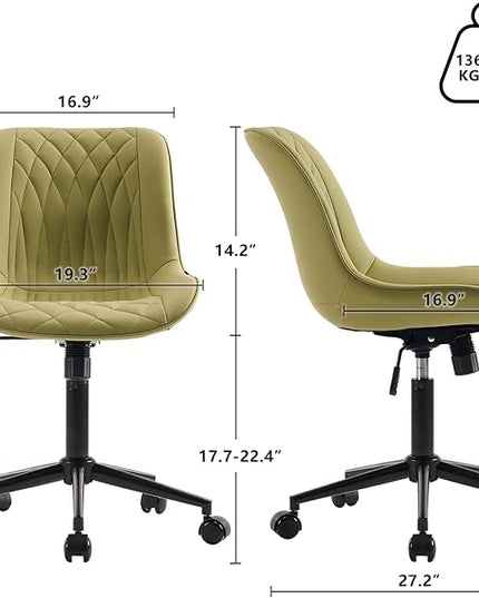 YOUNIKE Armless Office Chair with Wheels, Swivel Desk Chair Rolling Task Chair with Back, Upholstered Leather Computer Chair, Height Adjustable Modern Vanity Chair Avocado Green - LeafyLoom