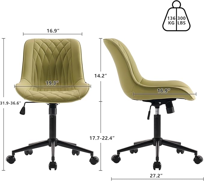 YOUNIKE Armless Office Chair with Wheels, Swivel Desk Chair Rolling Task Chair with Back, Upholstered Leather Computer Chair, Height Adjustable Modern Vanity Chair Avocado Green - LeafyLoom