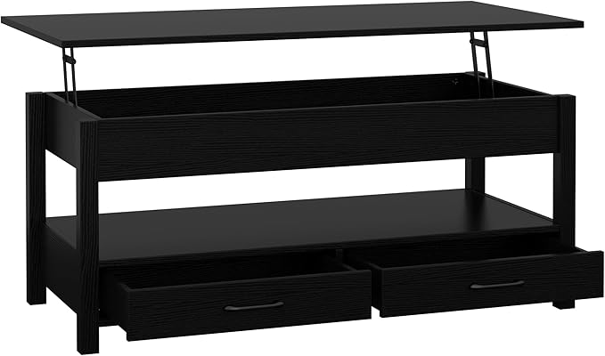 Panana Coffee Table, Lift Top Coffee Table with Hidden Compartment, 2 Drawers and 1 Open Shelf, Retro Central Wooden Table Lift Tabletop for Living Room (Black) - LeafyLoom